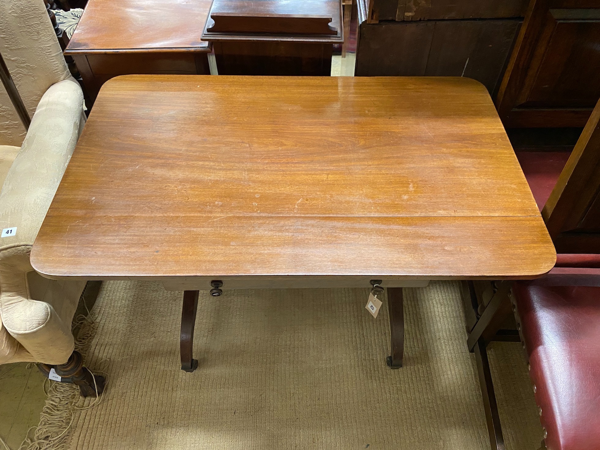 A Regency and later rectangular mahogany side table, width 111cm, depth 69cm, height 68cm